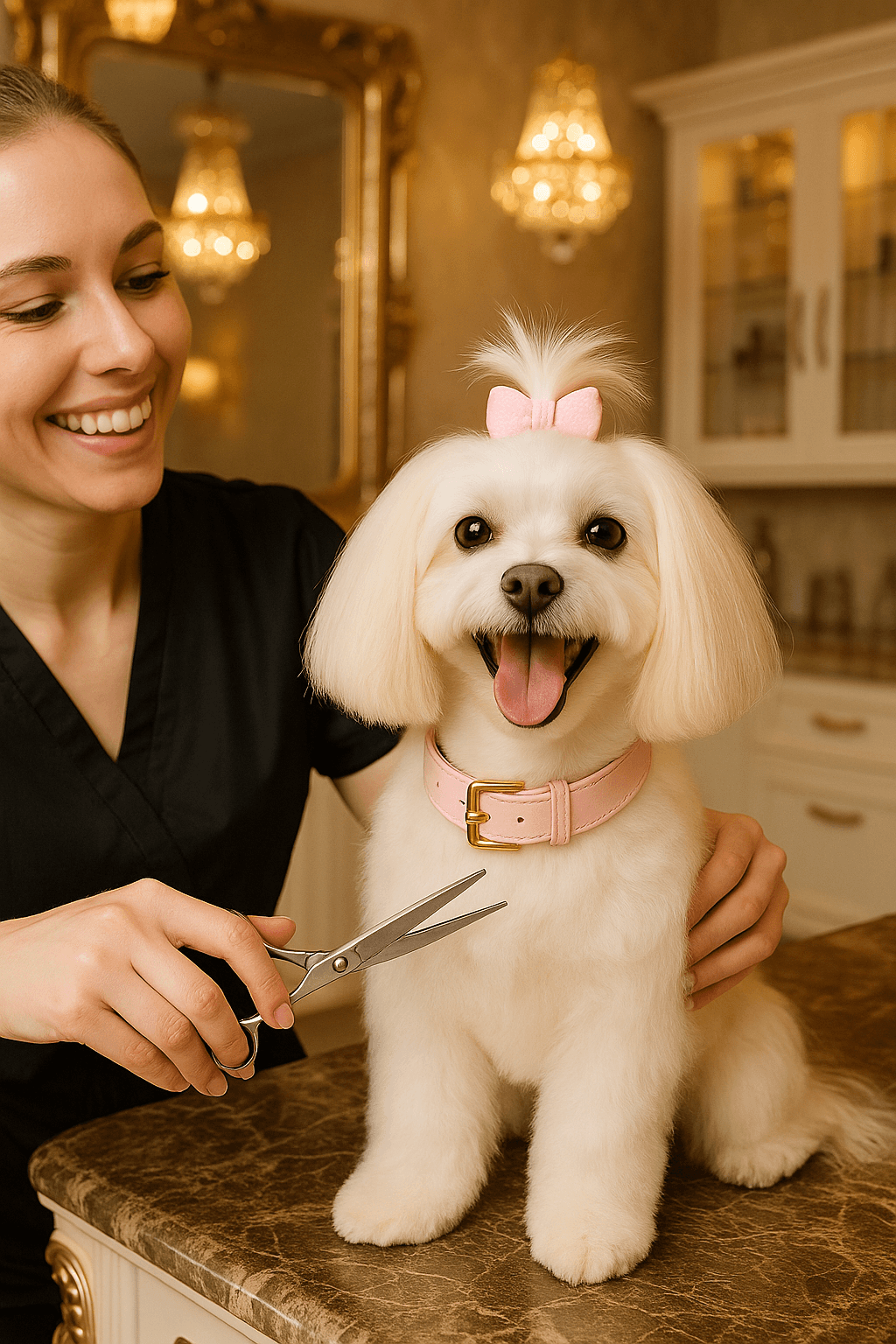 Groomer styling a small white dog at PAWSOME salon in Canary Wharf